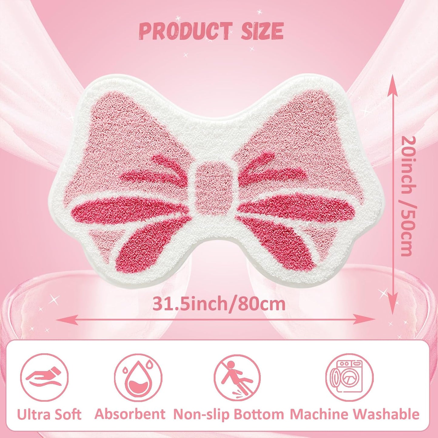 Pink Bowknot Bathroom Rugs, Ultra Soft and Non-Slip Bow Bath Mat, Absorbent Microfiber Pink Bow Rug, Machine Washable Bath Mats for Bathroom Bedroom Kitchen 20 x 31 Inch (Pink A)