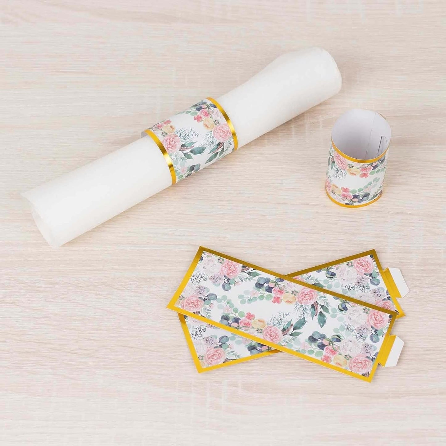 Efavormart 50 Pack Pink Peony Floral Paper Napkin Rings with Gold Edge, Disposable Napkin Holders Bands - 1.5"
