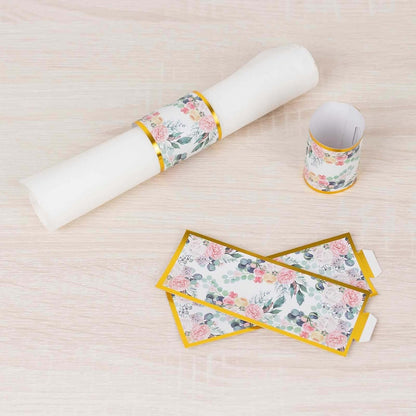 Efavormart 50 Pack Pink Peony Floral Paper Napkin Rings with Gold Edge, Disposable Napkin Holders Bands - 1.5"