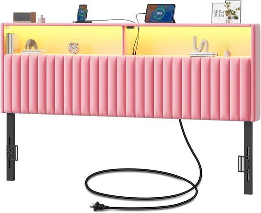 Rolanstar Headboard for King Size Bed with Storage, Head Board with USB & Type C Port, 60,000 DIY Color of LED Light, Velvet Upholstered, Height Adjustable, Sturdy, Easy Assembly, Pink