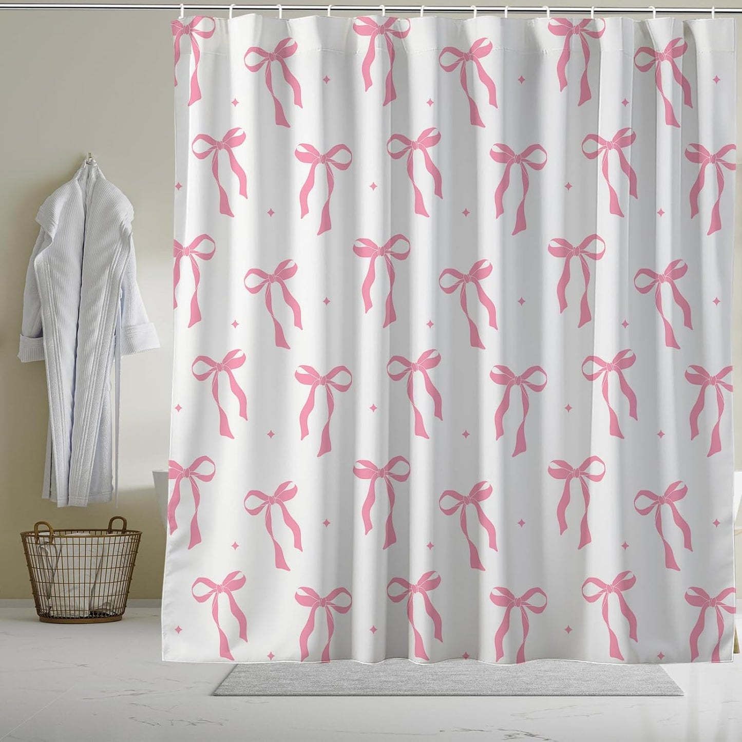 Pink Bow Shower Curtain Ribbon Bowknot,Woman Teenage Girl Fabric Shower Curtains for Bathroom Decor 72x74 Inch