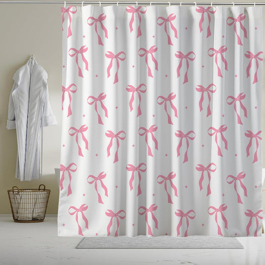 Pink Bow Shower Curtain Ribbon Bowknot,Woman Teenage Girl Fabric Shower Curtains for Bathroom Decor 72x74 Inch