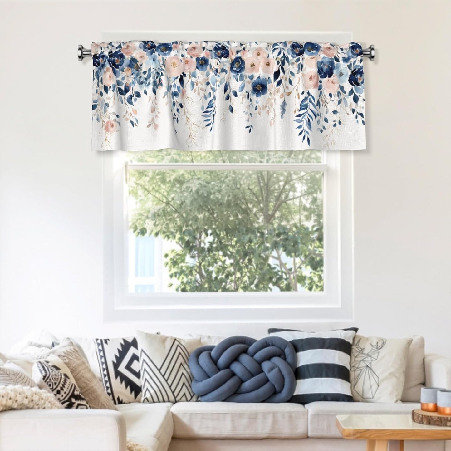 Navy Blue and Pink Floral Valances for Windows Watercolor Blooming Flower Kitchen Curtain Farmhouse Style Sheer Valance for Bedroom Living Room 54x18 Inch, 1 Panel