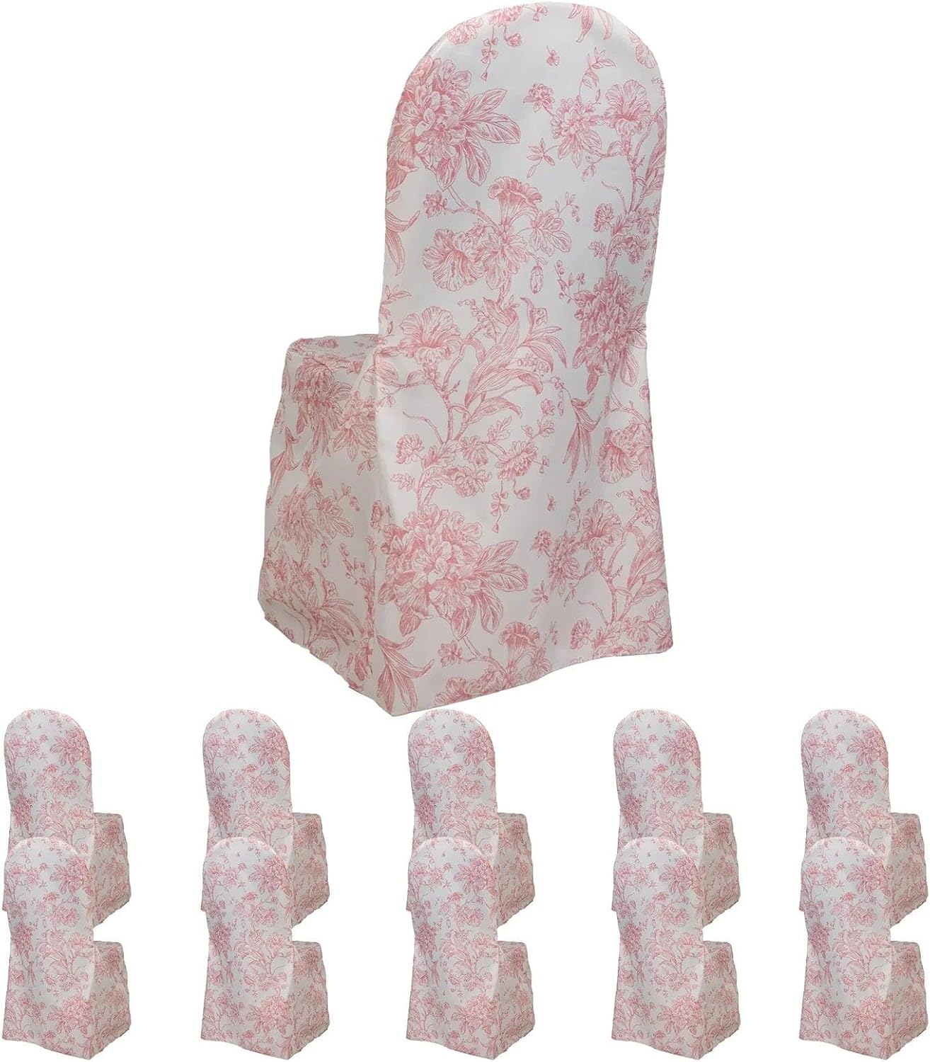 Balsa Circle 10 White and Pink Floral French Toile Polyester Banquet Chair Covers Wedding Linens Party Dining Reception Decorations Supplies