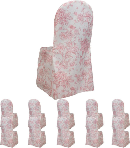 Balsa Circle 10 White and Pink Floral French Toile Polyester Banquet Chair Covers Wedding Linens Party Dining Reception Decorations Supplies