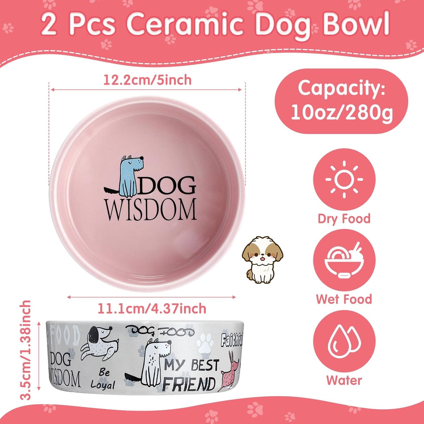 Maxcheck 2 Pcs 5 Inch Ceramic Dog Bowls Dishes for Small Dogs Cute Cartoon Pattern Puppy Cat Bowls Heavy Food Water Dishes for Pets Feeding Travel, Dishwasher Safe Microwave Safe(Pink and Gray)