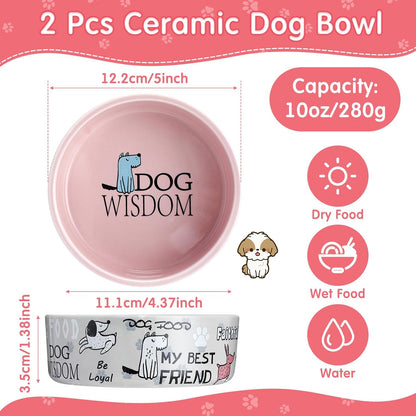 Maxcheck 2 Pcs 5 Inch Ceramic Dog Bowls Dishes for Small Dogs Cute Cartoon Pattern Puppy Cat Bowls Heavy Food Water Dishes for Pets Feeding Travel, Dishwasher Safe Microwave Safe(Pink and Gray)