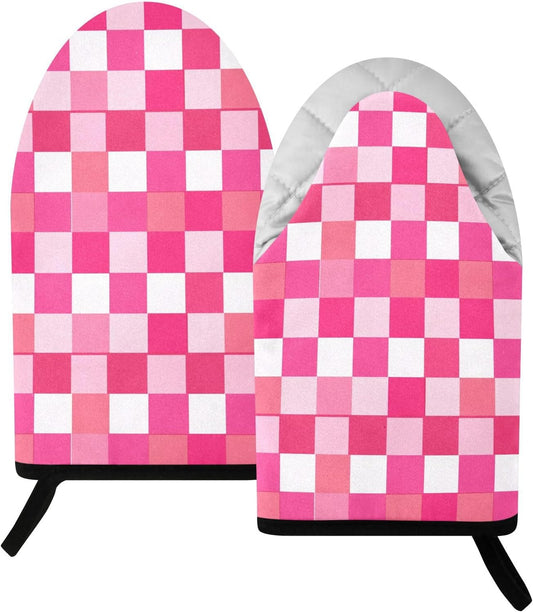 Oven Mitt 2 Pack Set Bright Pink Checkered Plaid Kitchen Mitts Gloves for for Cooking Baking Grilling