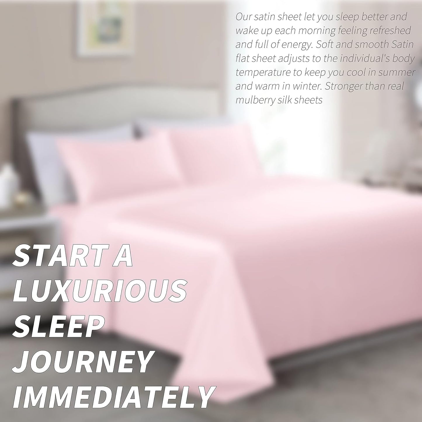 3 Pcs Blush Pink Satin Sheets Twin Size Soft Silky Satin Bedding Sheets Set with 1 Deep Pocket Fitted Sheet, 1 Flat Sheet, 1 Pillowcase