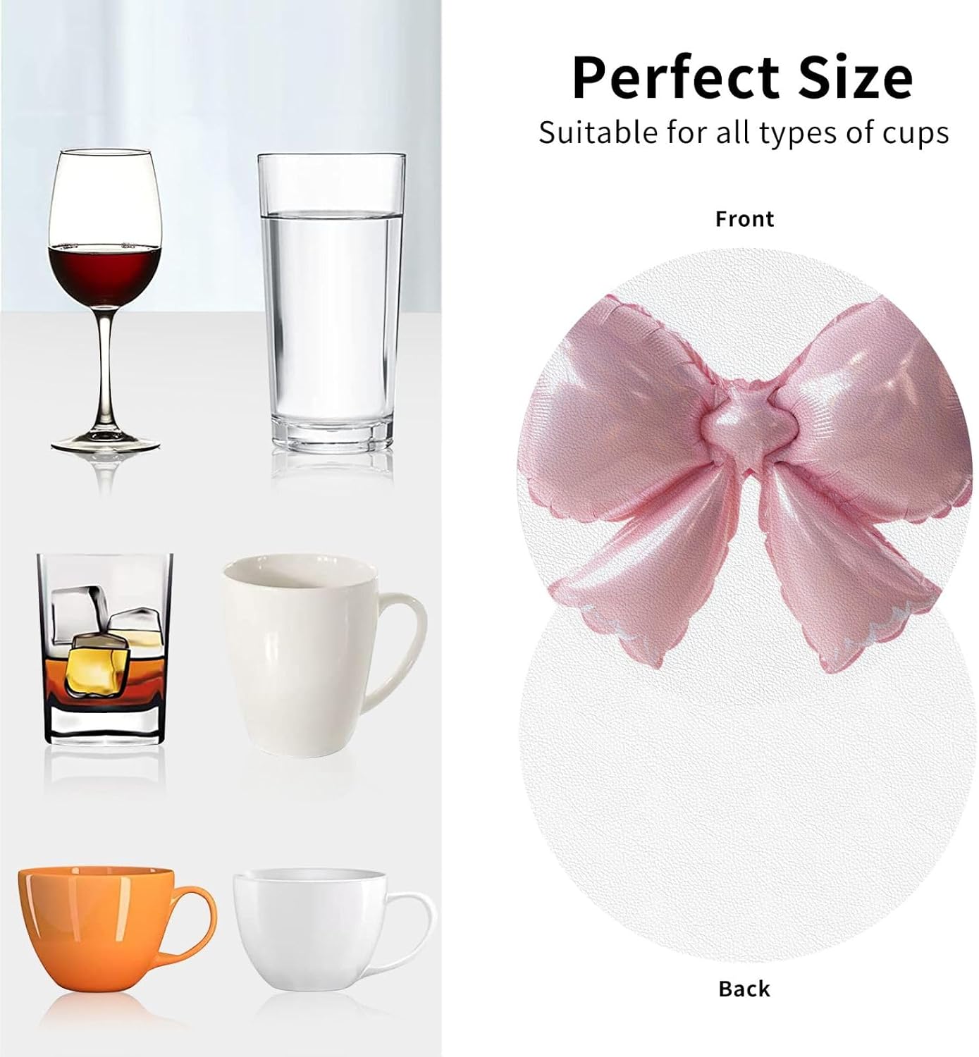 Light Pink Bow Balloon Drinks Coasters Set of 4 Leather Drink Coasters for Tabletop Protection Heat Resistant Bar Cup Mat Pad