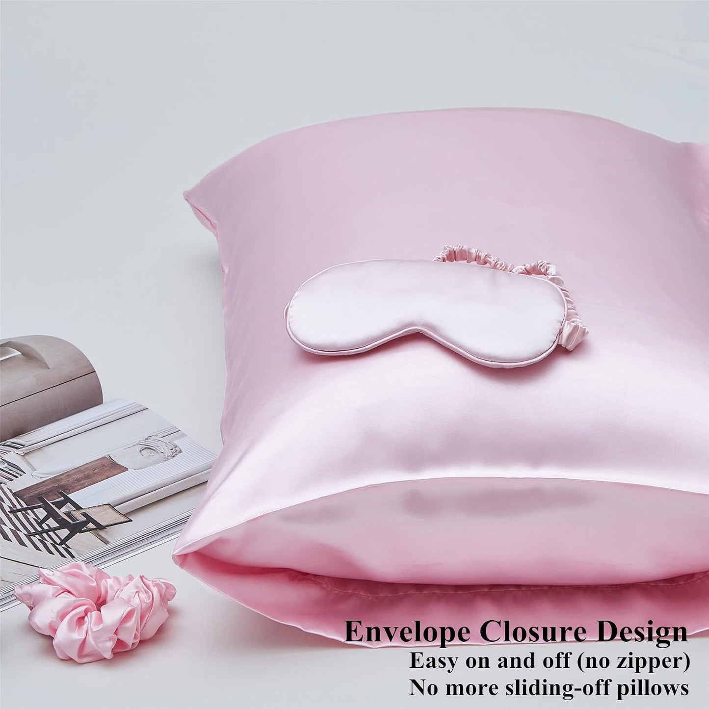 Satin Pillowcase for Hair and Skin, Vegan Silk Pillowcase Set-2 Pink Satin Pillowcases, 1 Eye Mask, 1 Scrunchie-Luxury Sleep Set, Silky Standard Satin Pillow Cases with Envelope Closure