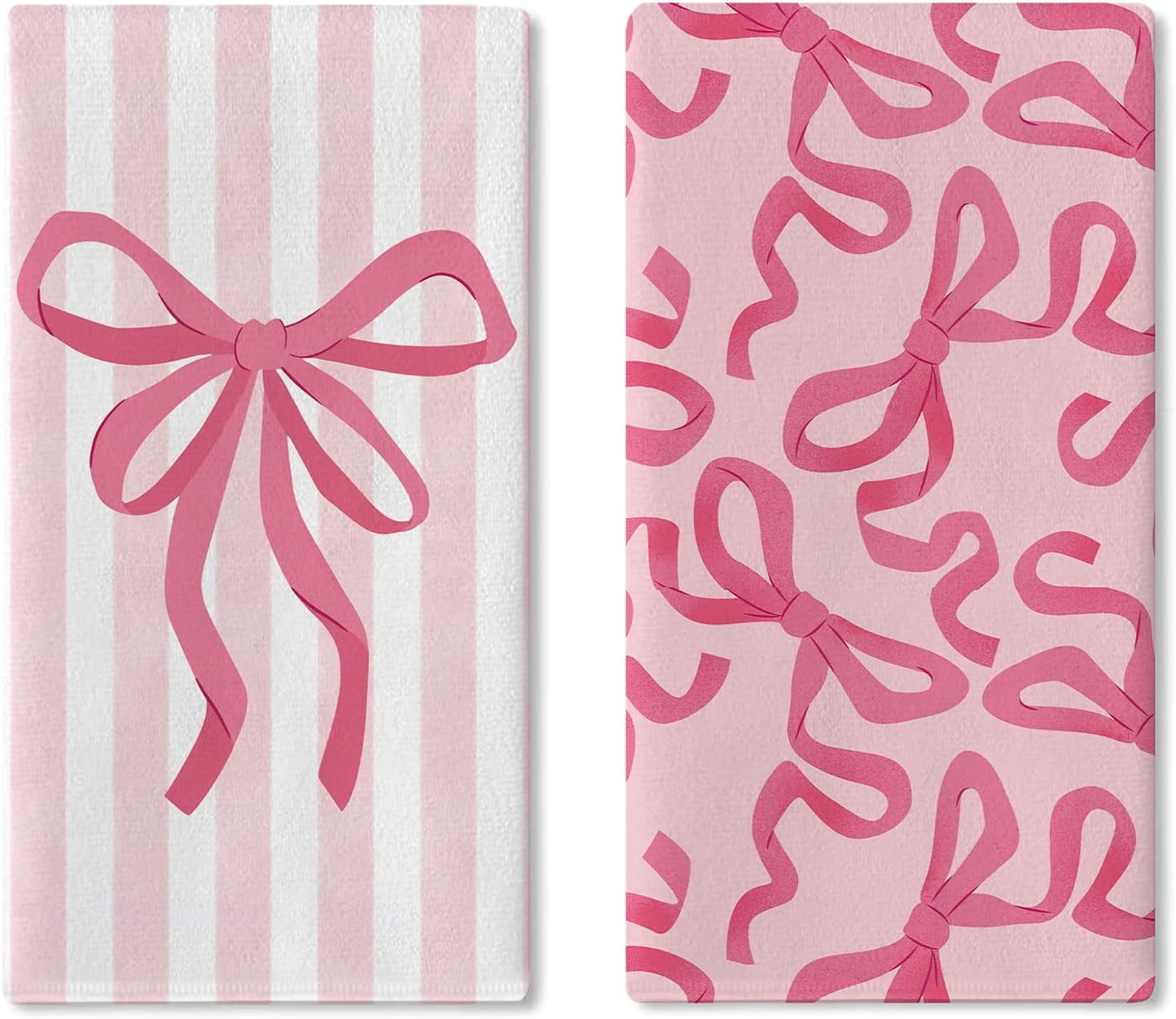 Pink Bow Kitchen Dish Towels Set of 2, Coquette Ribbon Stripes Preppy Drying Hand Towel Baking Cooking Cloth, Aesthetic Girly Bathroom Home Decoration Gift for Girls Women 18'' x 26''
