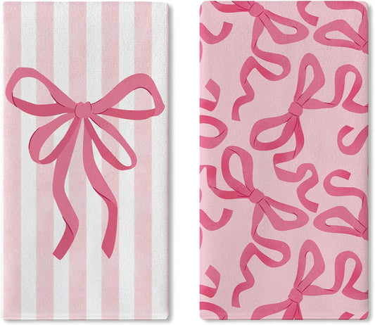 Pink Bow Kitchen Dish Towels Set of 2, Coquette Ribbon Stripes Preppy Drying Hand Towel Baking Cooking Cloth, Aesthetic Girly Bathroom Home Decoration Gift for Girls Women 18'' x 26''