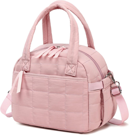LEDAOU Lunch Box for Women Lunch bag Quilted Puffer Lunch Box with Adjustable Strap Insulated Reusable LunchBox for Work School Picnic Travel (Pink)