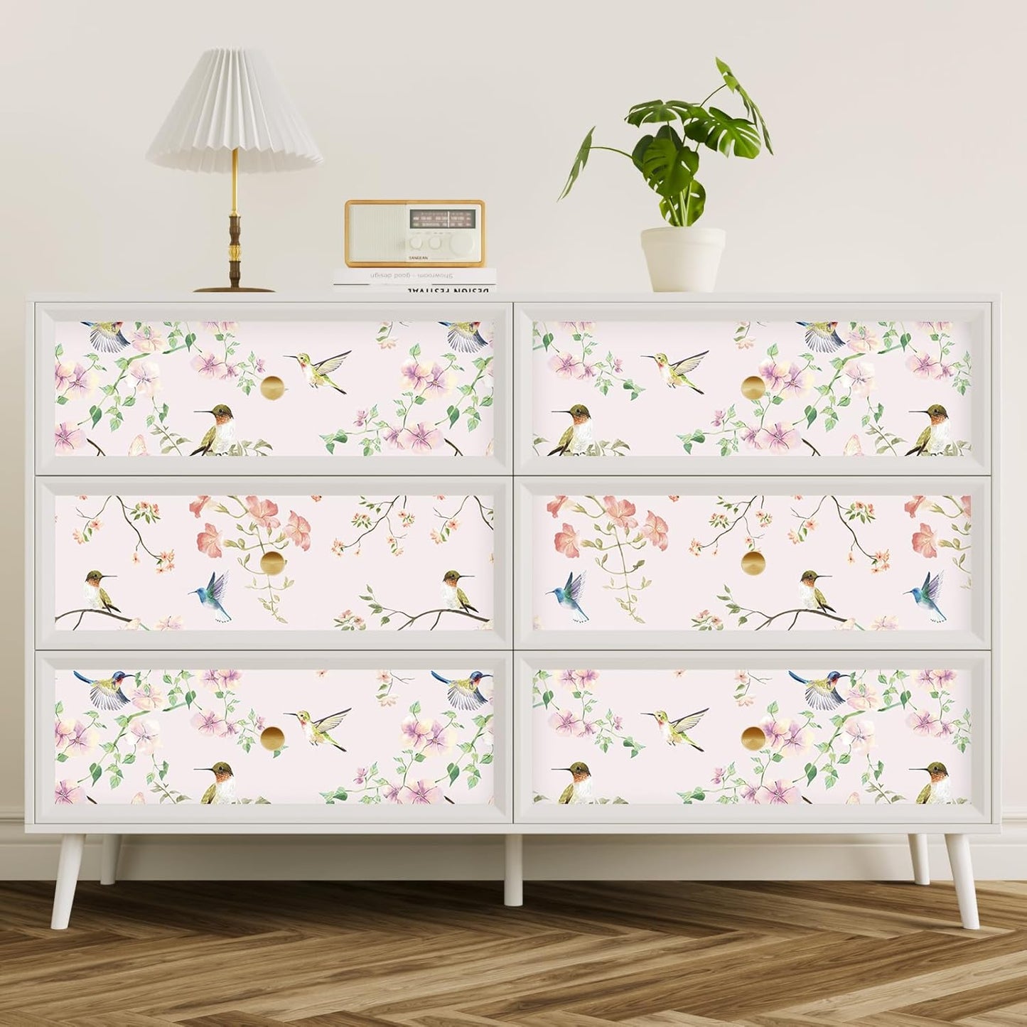 VaryPaper 17.7"x78.7" Rustic Hummingbird Floral Wallpaper Peel and Stick Decorative Purple/Pink Floral Contact Paper for Cabinets Drawers Removable Self Adhesive Mural Wallpaper for Bedroom Nursery