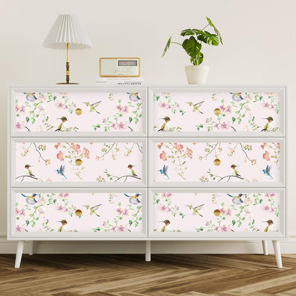 VaryPaper 17.7"x78.7" Rustic Hummingbird Floral Wallpaper Peel and Stick Decorative Purple/Pink Floral Contact Paper for Cabinets Drawers Removable Self Adhesive Mural Wallpaper for Bedroom Nursery
