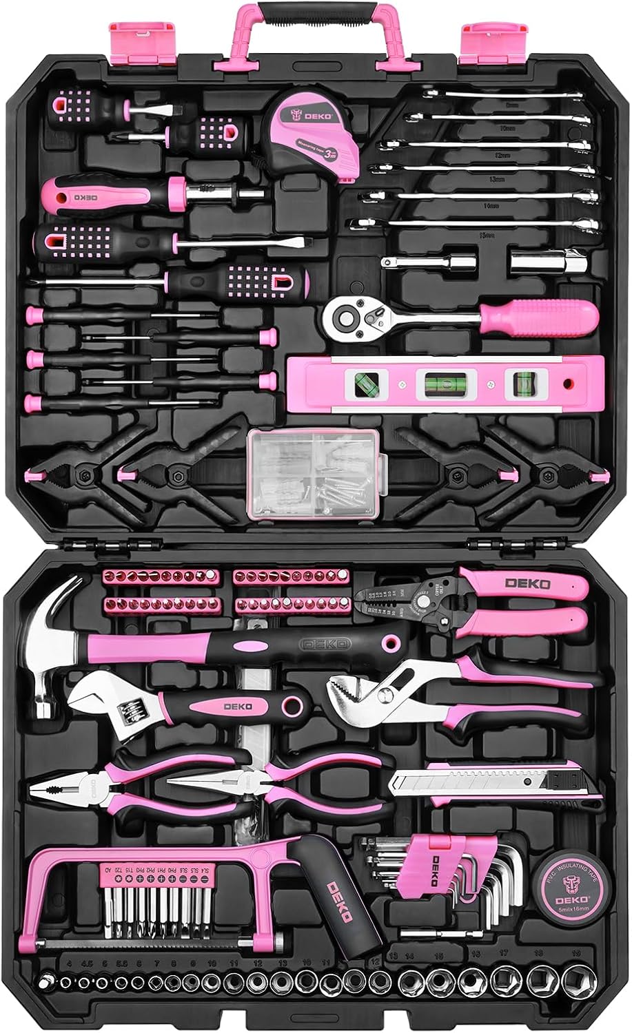 DEKOPRO Tool Set: 228 Piece Home Tool Kit, Household Basic Repair Tool Set Comes with Storage ToolBox, Socket Wrench Set for Car, Hand Tool Box Set for Home - Pink