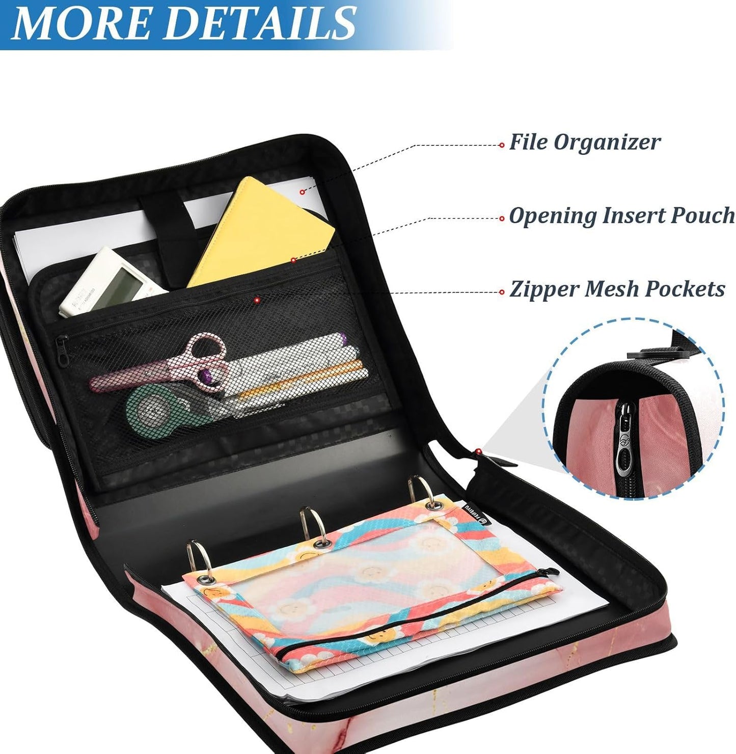 Pink Marble Zipper Binder 3 Ring Binder with Shoulder Strap 500 Sheet Capacity Storage Organizer Trapper Keeper File Folder