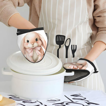 Watercolor Animal Light Pink Bunny Wearing Bow Mini Silicone Oven Mitts Heat and Slip Resistant Kitchen Mittens,Short Oven Gloves for Safe Cooking Baking & Grill,5.9"X5.9"