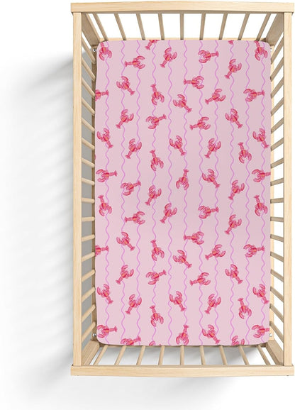 Pink Lobster Bows Stripe Baby Crib Sheets for Boy Girl 52x28Inch Lobsters Sea Ocean Stripes Soft Snug Fitted Crib Mattress Covers Coastal Summer Baby Sheet for Standard Crib & Toddler Bed Mattress