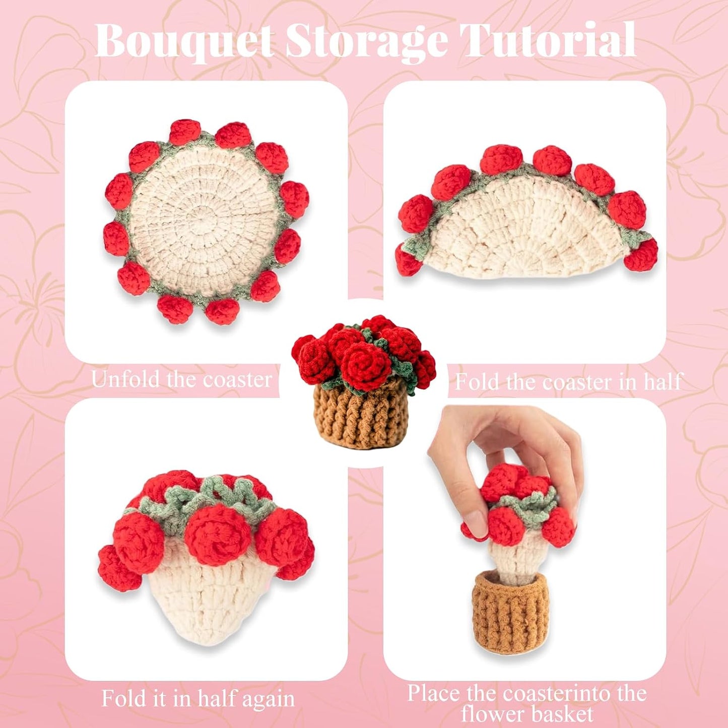 Handmade Crocheted Floral Coasters, Crocheted Bouquet Blankets Paired with Mini Crocheted Flower Pots—Perfect for Floral Decorations in Offices, Homes, and Cars (Pink)
