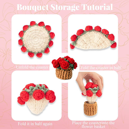 Handmade Crocheted Floral Coasters, Crocheted Bouquet Blankets Paired with Mini Crocheted Flower Pots—Perfect for Floral Decorations in Offices, Homes, and Cars (Pink)