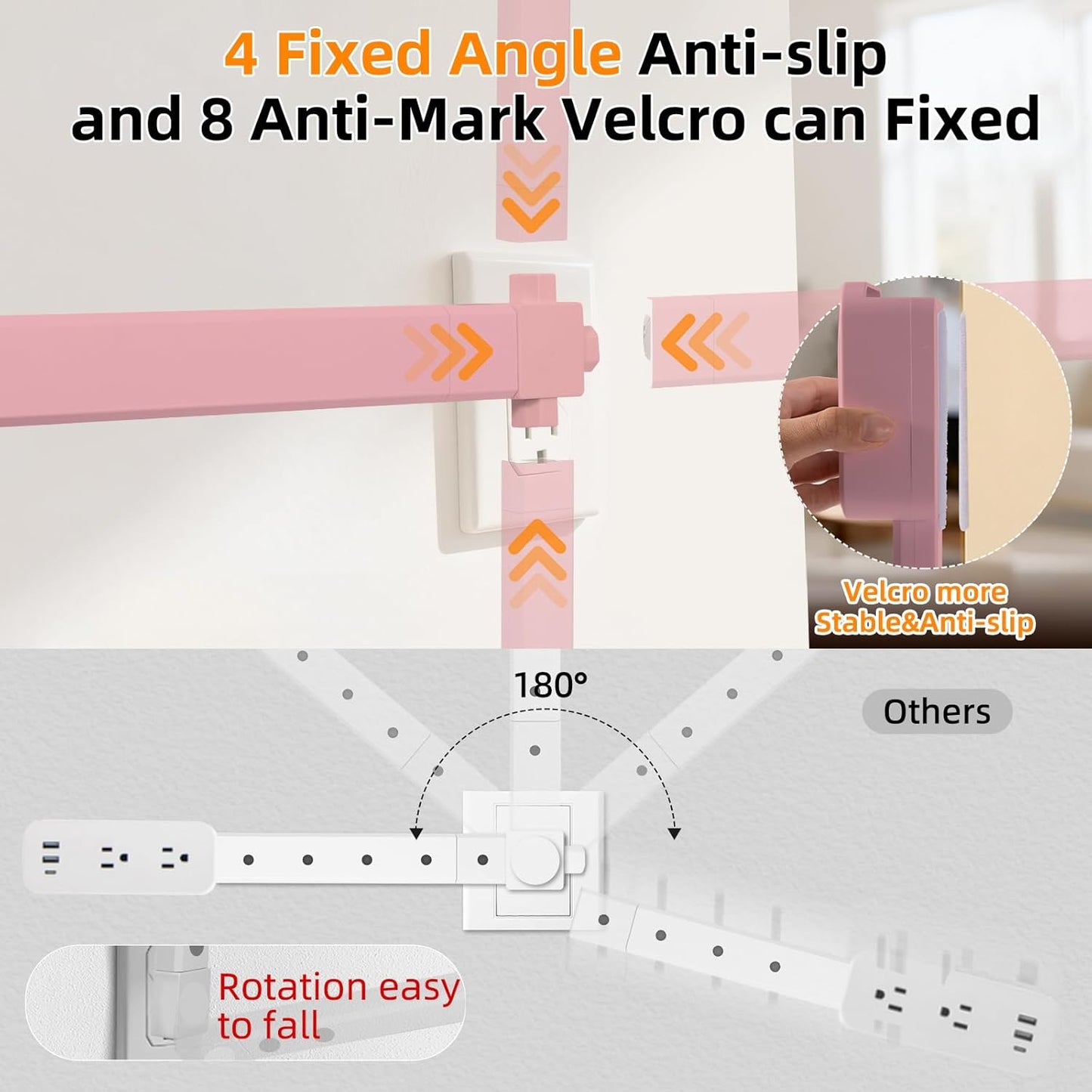Outlet Extender 17-41in，Upgrade Stable USB-A&USB-C Wall Outlet Extender Made of Fireproof Material，Wall Plug Extender Anti-Wires-Chaos，with 4 Fixed Angles Suit for Outlet Behind Desk, Sofa（Pink）