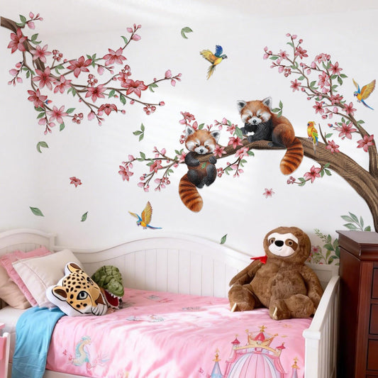 Red Panda Wall Sticker Cute Animal Wall Decal with Pink Peach Blossom Tree for Family Living Rooms Bedrooms and TV Background Walls