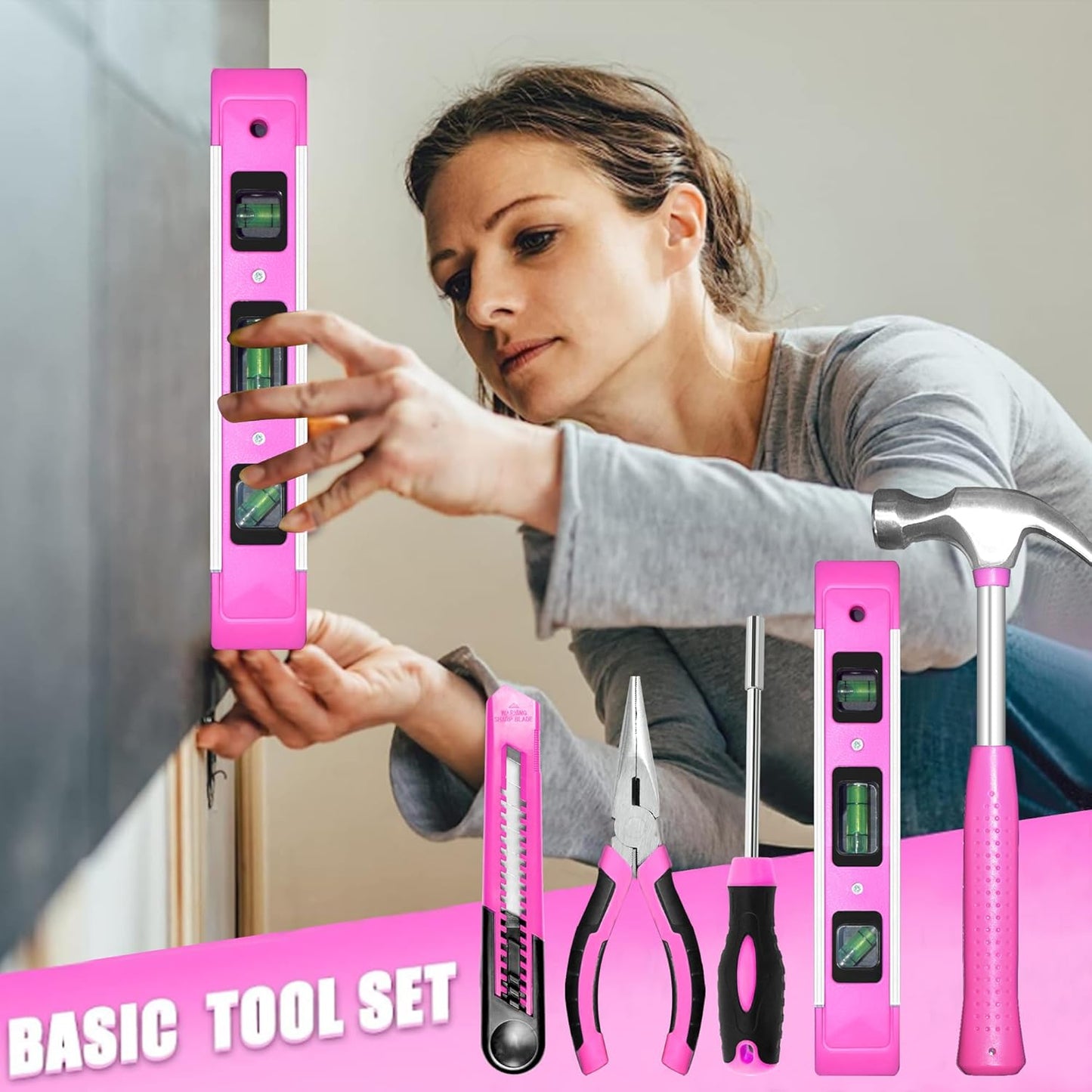 Pink Tool Set,130 Piece Home Tool Kit for Women with 3.6V Cordless Rechargeable Screwdriver,Basic Household Tool Kit Set for New Home,Apartment,College Dorm & DIY Projects
