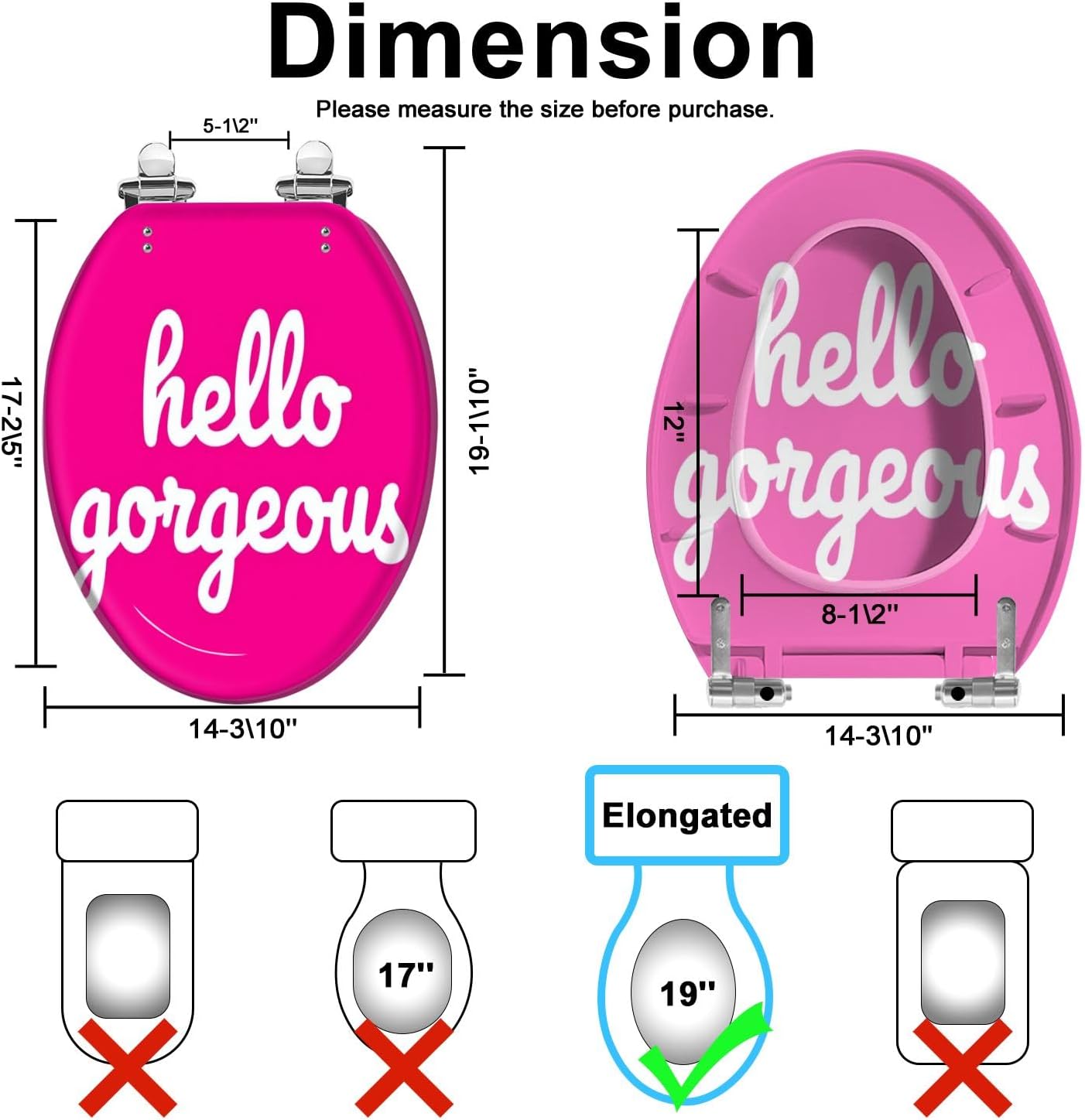 Elongated Toilet Seat Cherry Pink Hello Gorgeous Cute Preppy Hot Text Typography Bright Quiet Close Strong Stainless Steel Hinges Resin Toilet Seat Easy to Install Easy to Clean