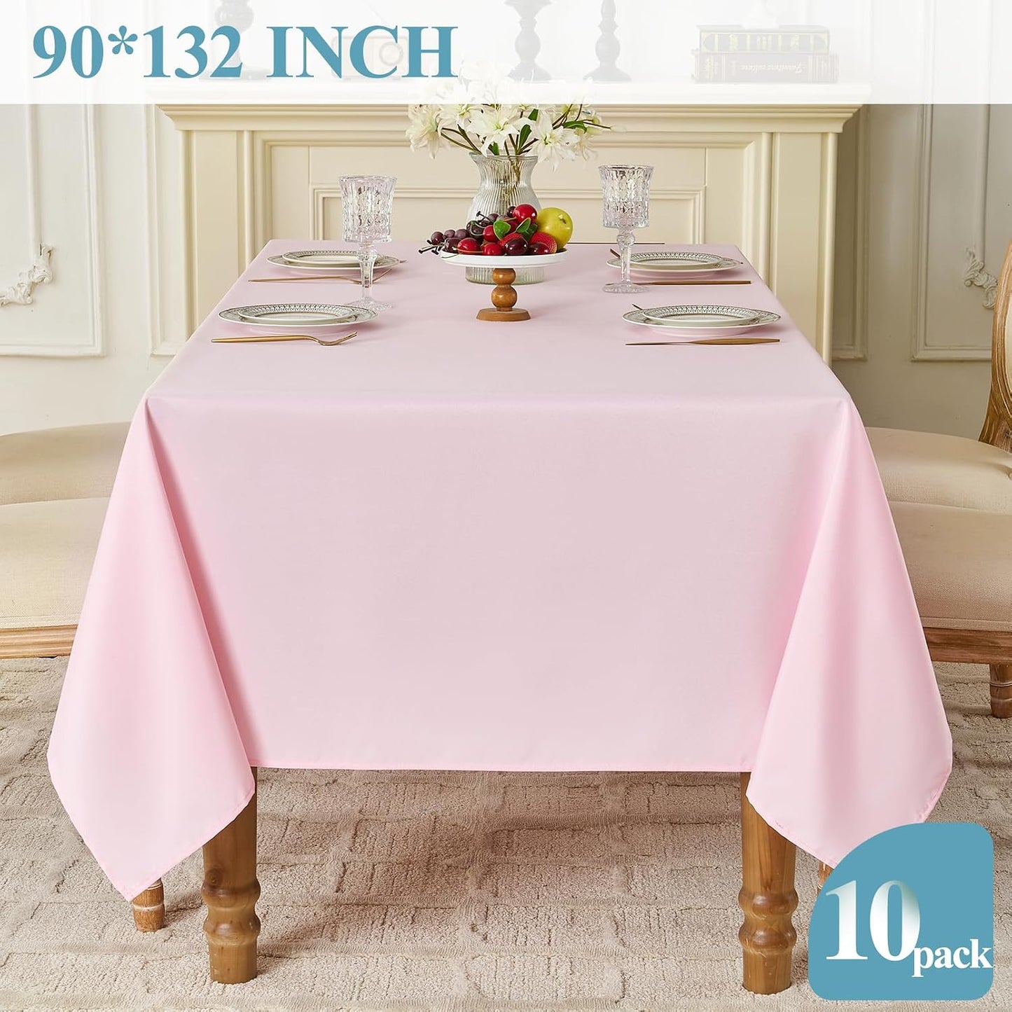 VidaFete Tablecloth 10 Pack 90 * 132inch Rectangle Table Cloth Polyester, Stain Wrinkle Resistant Polyester Dining Table Cover for Kitchen Dinning Party Wedding Rectangular Buffet Decoration(Pink)