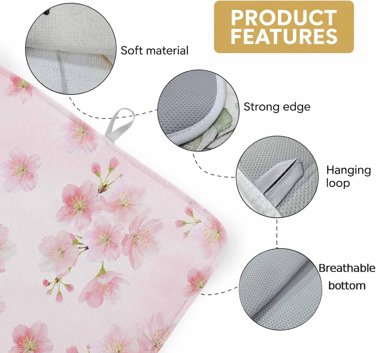 Pink Floral Dish Drying Mat for Kitchen Counter Modern Farmhouse Aesthetic Shabby Chic Flower Baby Microfiber Drying Pad, Absorbent Coffee Cup Dishes Drainer Mats 18"x24", 1 Pcs