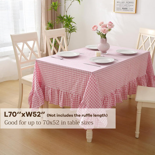 100% Cotton Pink Plaid Ruffled Table Cloth for Rectangle Table, Classic Farmhouse Checker Gingham Vintage Decorative Tablecloth (Pink/White Plaid, 70x52 inches)