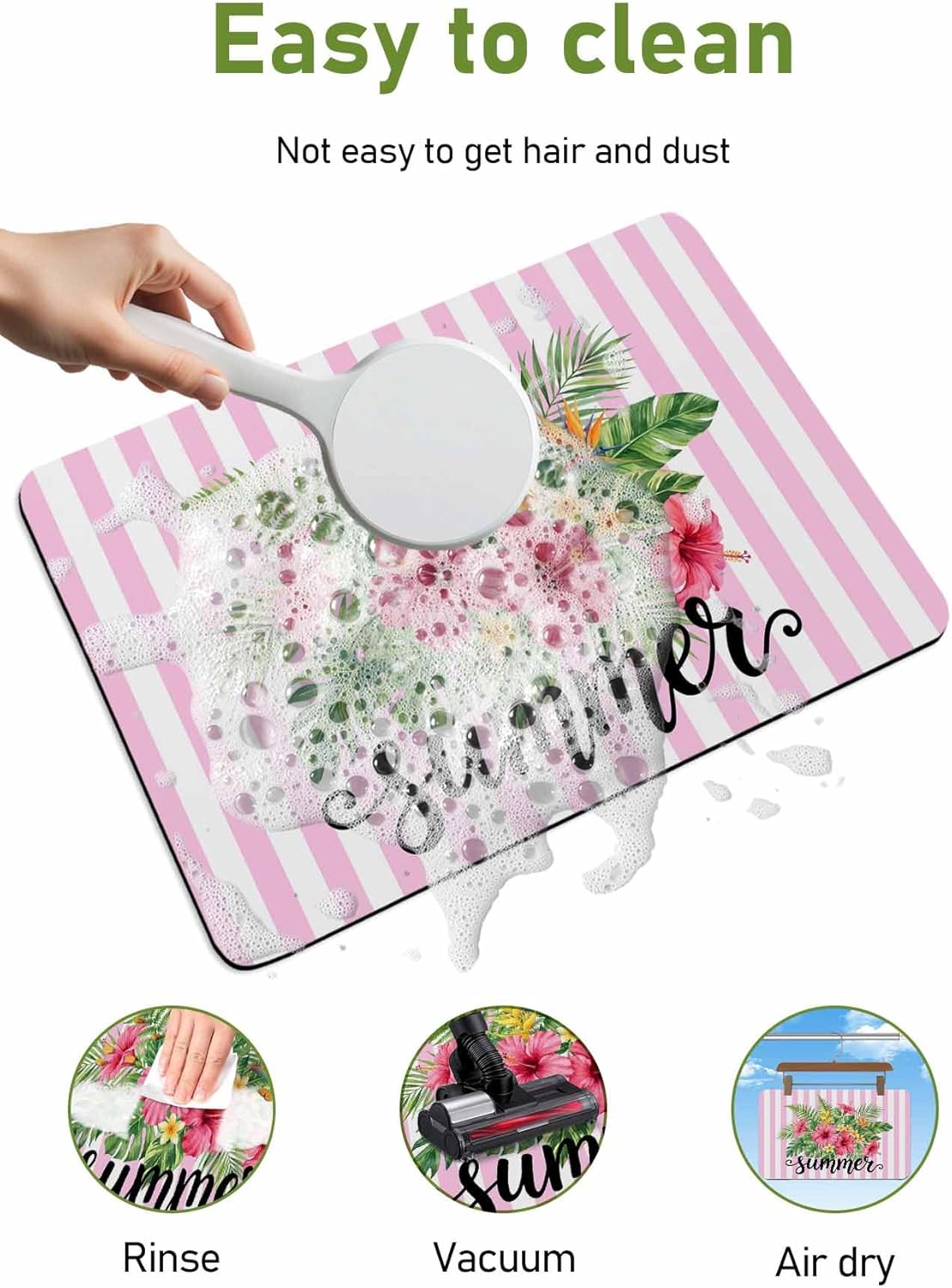 Summer Botanical Doormat Bath Mat Quick Dry Non Slip Rug with Rubber Tropical Plants Pink Stripe Water Absorbing Mat for Bathroom Kitchen Front Door Laundry Room 24" x 16"