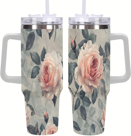 40oz Tumbler with Handle, Peach Rose Pattern With Green Leaves Printed Stainless Steel Travel Mug, Insulated Car Cup with Straw, Keeps Drinks Hot & Cold, Personalized Gift for Women & Men