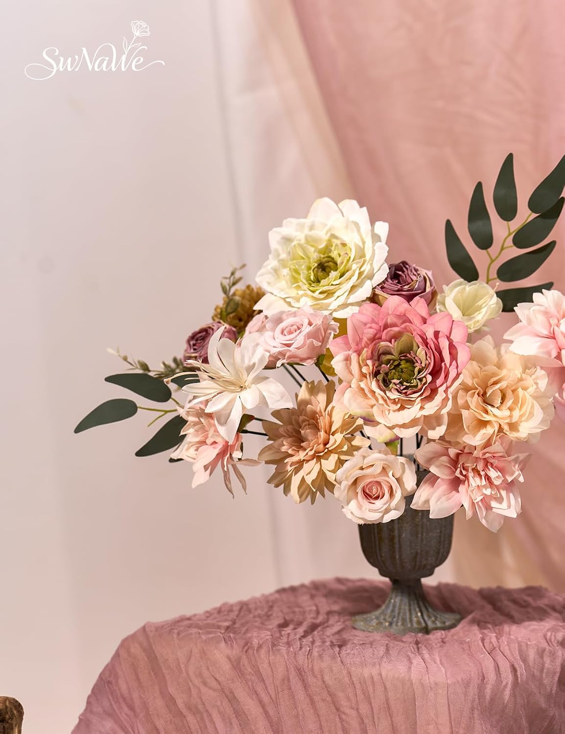 Light Pink Flowers Artificial Roses Combo Set Fake Pink Silk Flowers Faux Flowers Mix Dahlia with Stems for Wedding Bouquets Baby Bridal Shower Party Floral Arrangements Decor
