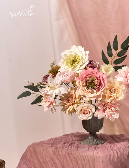 Light Pink Flowers Artificial Roses Combo Set Fake Pink Silk Flowers Faux Flowers Mix Dahlia with Stems for Wedding Bouquets Baby Bridal Shower Party Floral Arrangements Decor