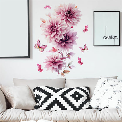 Pink Dahlia Flower Butterfly Wall Stickers, Daisy Peony Floral Art Wall Decals Removable Vinyl Peel and Stick Bathroom Living Room Bedroom Furniture Door Home Decorations