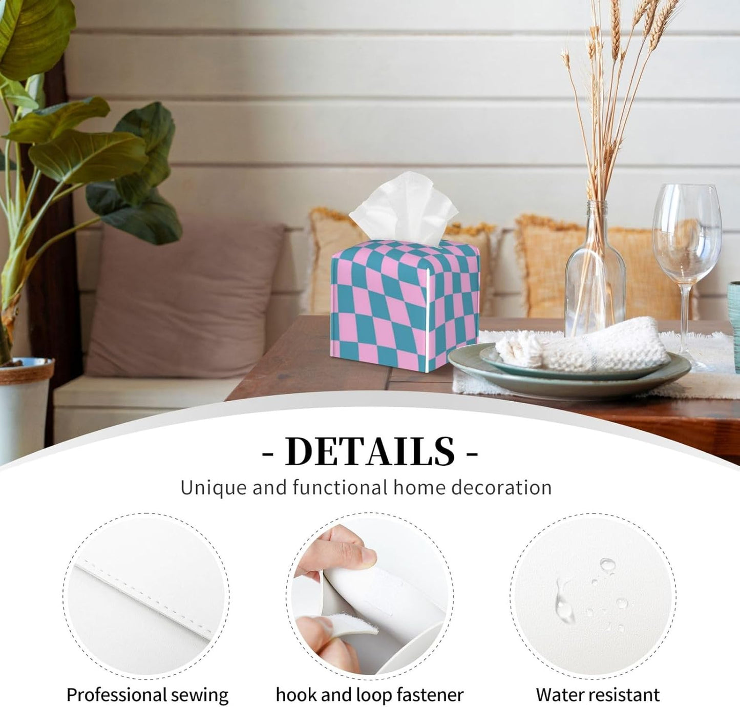 Blue Pink Checkered Warped Checkerboard Tissue Box Cover Square PU Leather Tissue Holder for Tabletop, Bathroom, Office