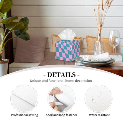 Blue Pink Checkered Warped Checkerboard Tissue Box Cover Square PU Leather Tissue Holder for Tabletop, Bathroom, Office