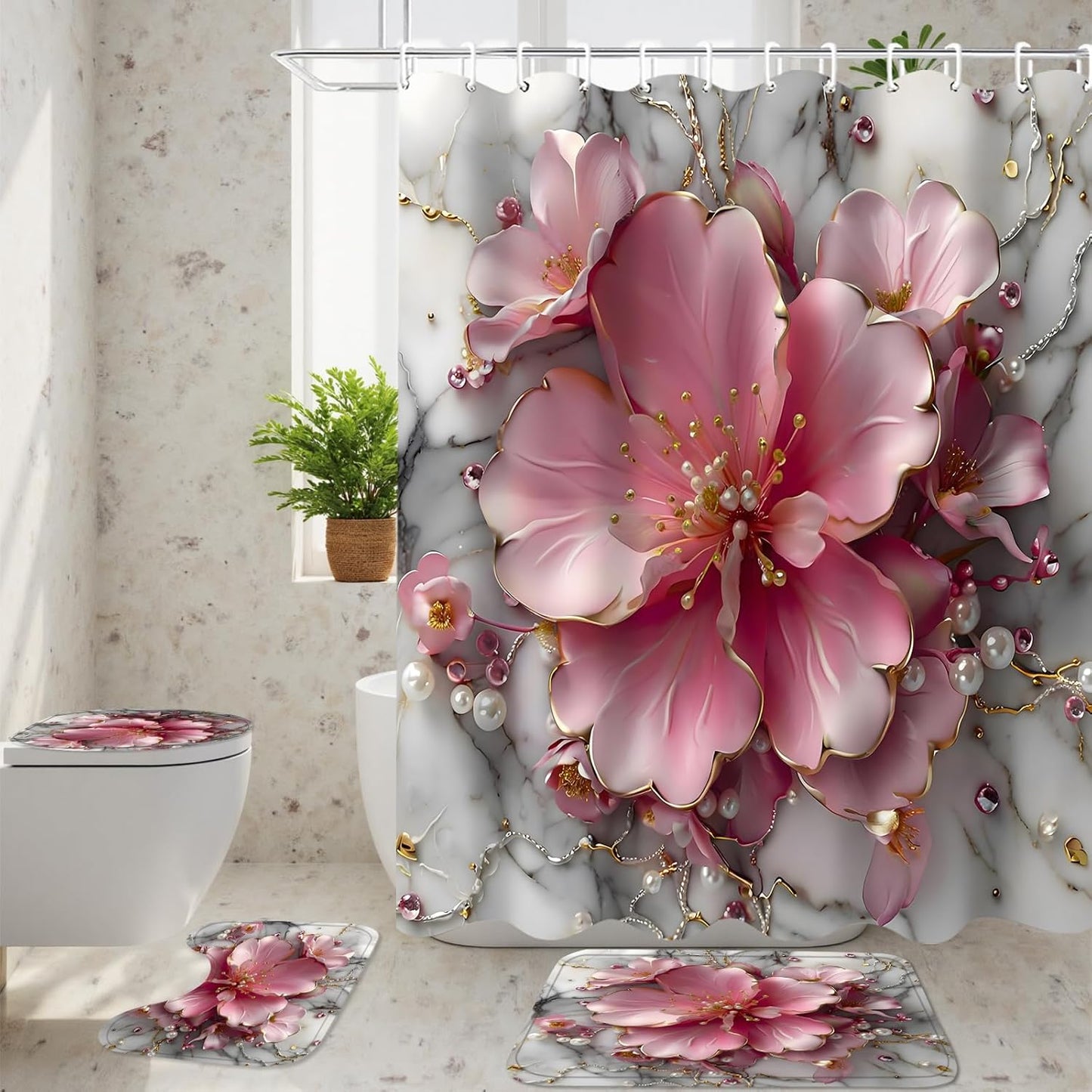 AZHM 4Pcs Pink 3D Floral Bathroom Shower Curtain Set Modern Marble Shower Curtain and Rugs Spring Flower Bathroom Set with Accessories and 12 Hooks