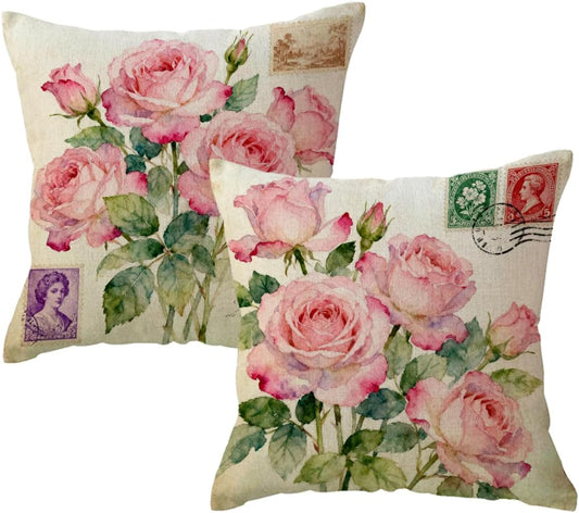 2Pack Retro Flower Throw Pillow Covers Pink Rose Bouquet Farmhouse Decorative Pillow Covers Vintage Cushion Cases Retro Postcard Style Pillowcase 18×18 inches for Spring Summer Decor(Pink)