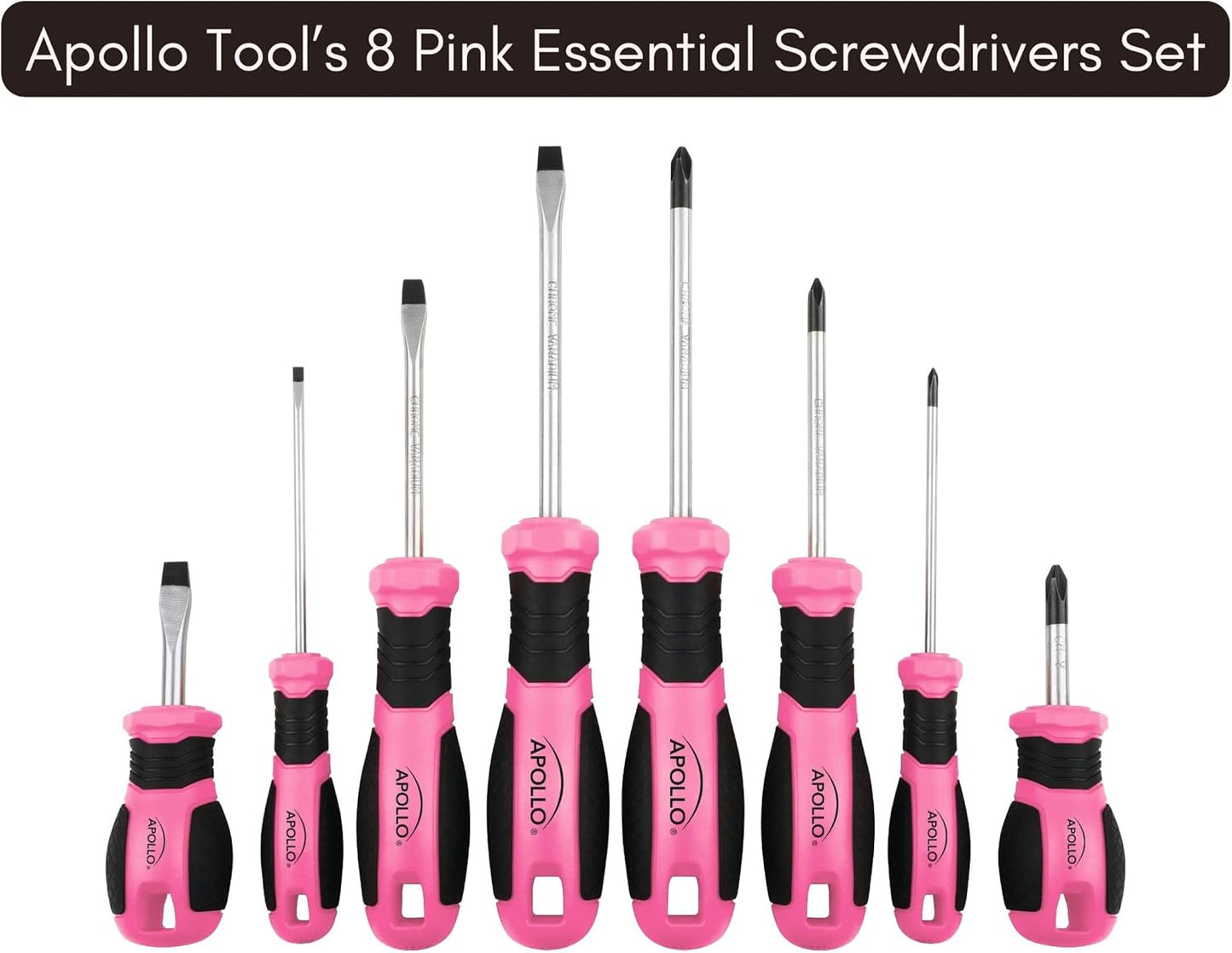 Apollo Tools Pink 8 Piece Essential Screwdriver Set Phillips and Slotted with Magnetic Tips and Non-Slip Comfort Handles. Includes Stubby Screwdrivers for Tight Spaces - Pink Ribbon - Pink - DT5018P
