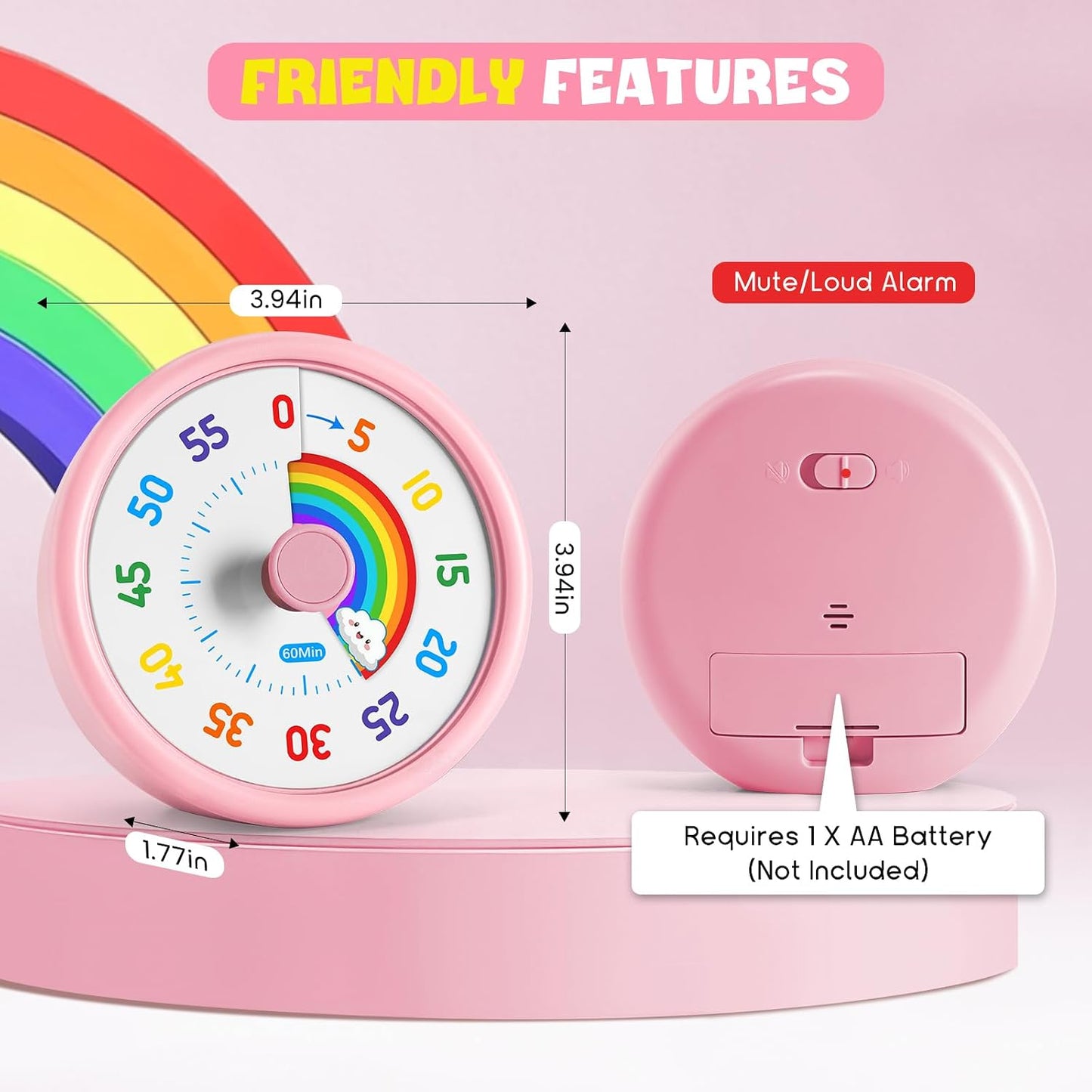 HIPPIH Visual Timer for Kids, 60 Minute Countdown Timers for Classroom Kitchen Office, Rainbow Disk Desk Timer Clock with Silent Operation, Pomodoro Timer Time Management Tools for Toddler ADHD Pink
