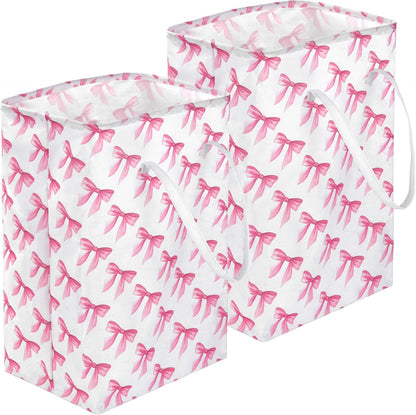 2 Pack Pink Bow Large Collapsible Laundry Baskets, Bow Laundry Hamper with Handle, Collapsible Clothes Hamper in Room, Waterproof Canvas Fabric Storage, Bathroom Decor Collapsible Clothes Hamper