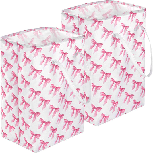 2 Pack Pink Bow Large Collapsible Laundry Baskets, Bow Laundry Hamper with Handle, Collapsible Clothes Hamper in Room, Waterproof Canvas Fabric Storage, Bathroom Decor Collapsible Clothes Hamper
