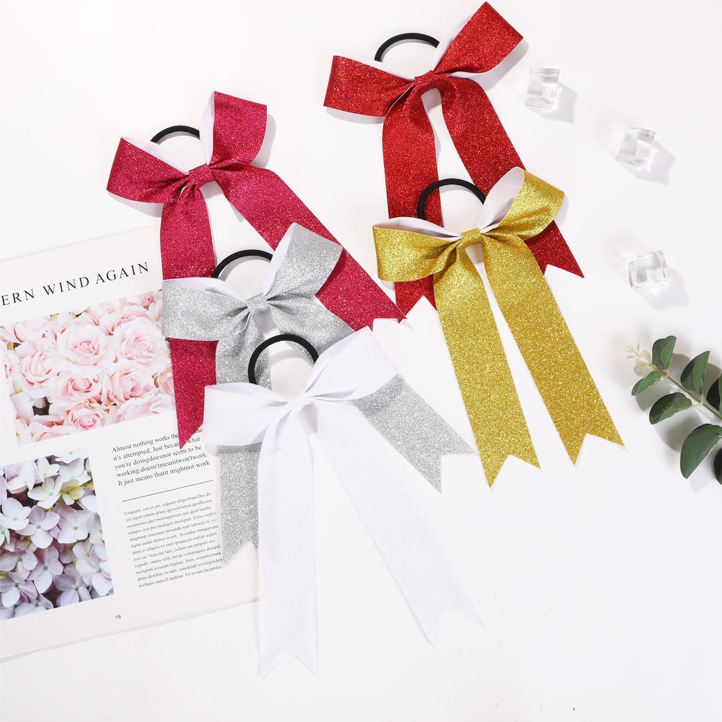 Long Tail Glitter Cheer Bows 16 PCS Collegiate Style Cheer Bows Ponytail Holder Handmade Bows for Girls Teens Cheerleader Sports (Glitter Pink)