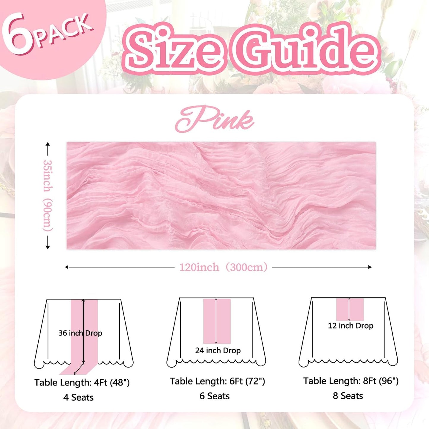 6 Pack Pink Table Runner 10ft Boho Gauze Fabric Cheesecloth Table Runner 35 x 120 Inch Rustic Sheer Runner for Holiday Baby Shower Home Décor Party Wedding Decoration