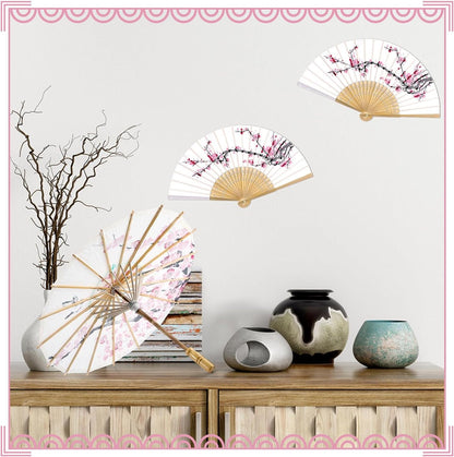Xuniea 2 Pcs Cherry Blossom Decor Set Blue Foral 22 Inches Chinese Japanese Oiled Paper Umbrella 8.3 Inch Foldable Handheld Silk Folding Hand Fan for Wedding Birthday Party Favor Decor(Pink Flower)