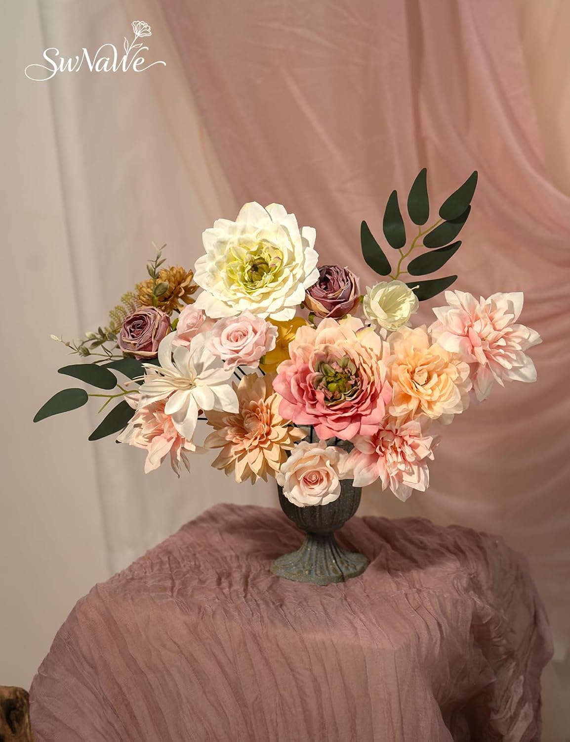 Light Pink Flowers Artificial Roses Combo Set Fake Pink Silk Flowers Faux Flowers Mix Dahlia with Stems for Wedding Bouquets Baby Bridal Shower Party Floral Arrangements Decor